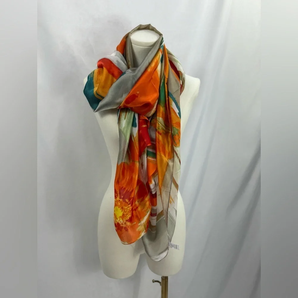 Kollie More Oversized Floral Stripe Scarf Wrap 70x34 Viscose Gray Beach Saron